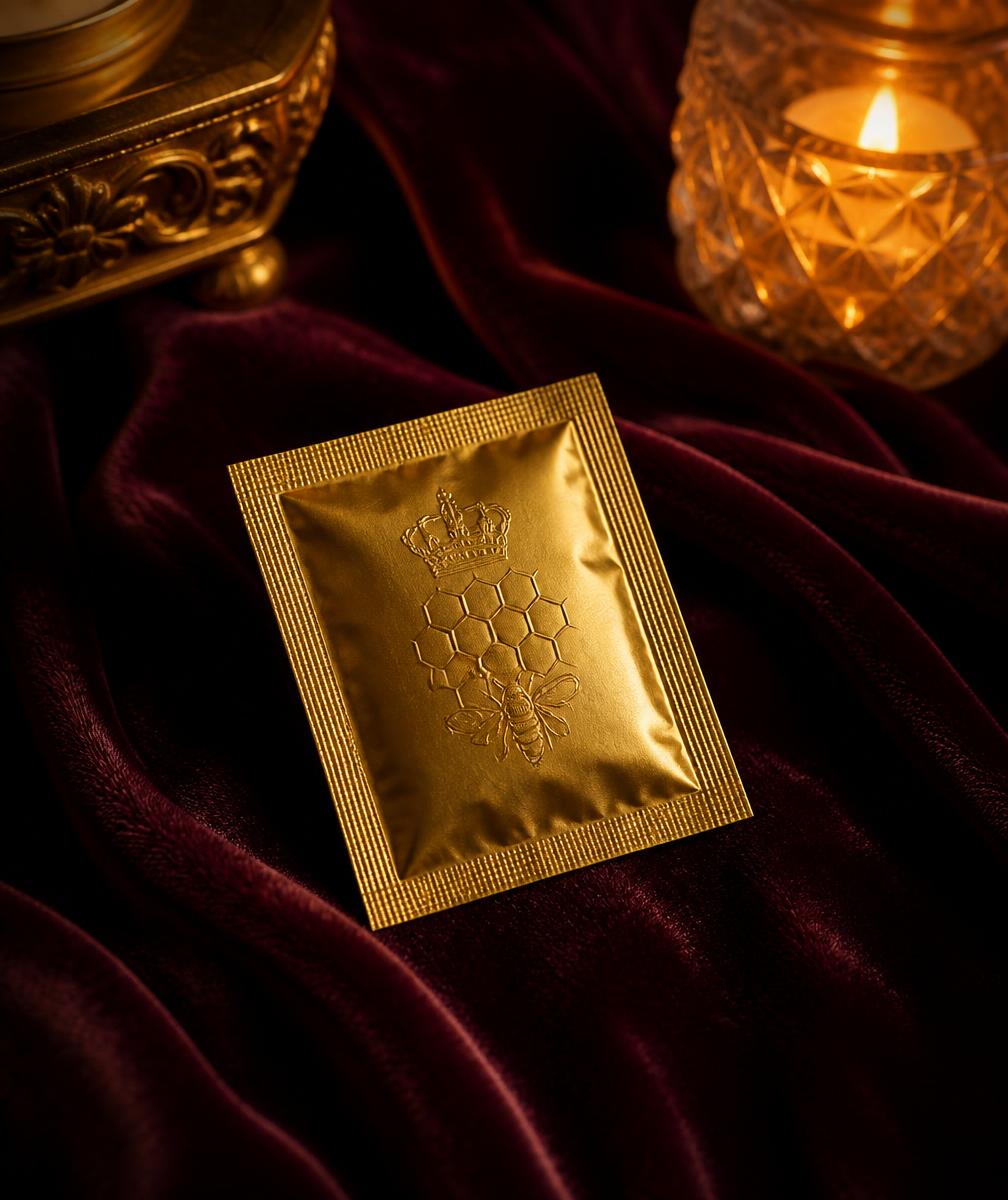 Gold foil royal honey sachet resting on burgundy velvet